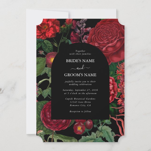 Invitation Moody Florals Arc Noir Bourgogne Rouge Mariage (Devant)