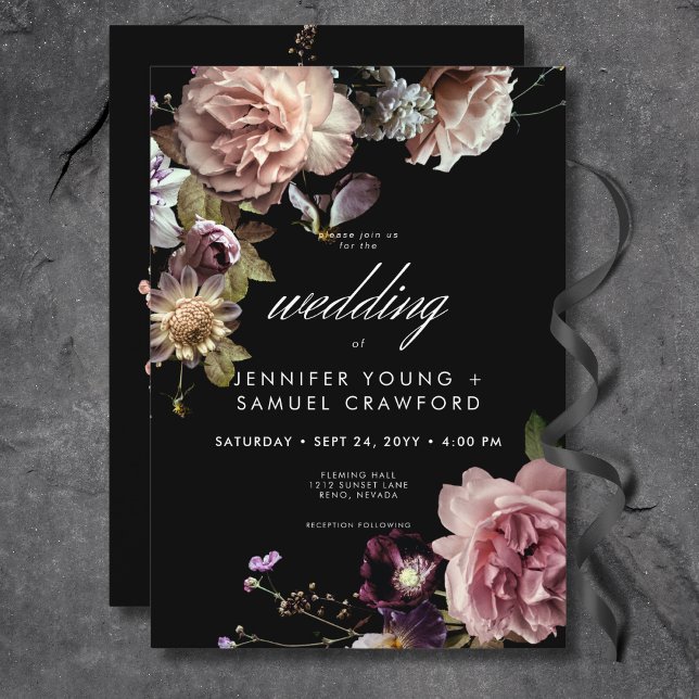 Invitation Moody foncé Pastel Opulent Floral Mariage noir (Dark Moody Pastel Opulent Floral Black Wedding Invitation)