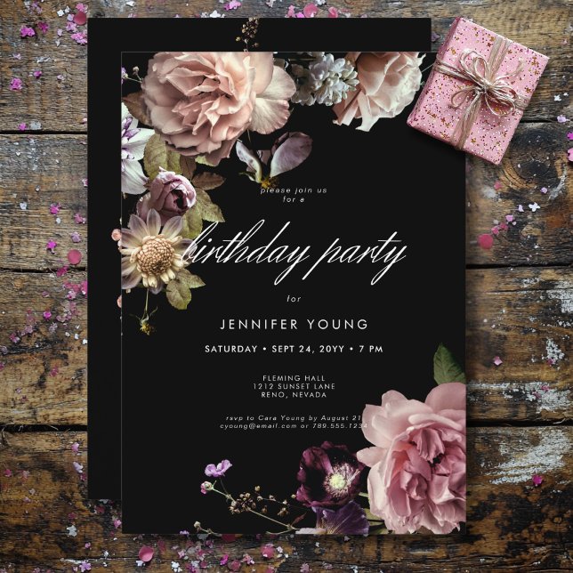 Invitation Moody foncé Pastel Opulent Floral Noir Anniversair (Dark Moody Pastel Opulent Floral Black Birthday Invitation)