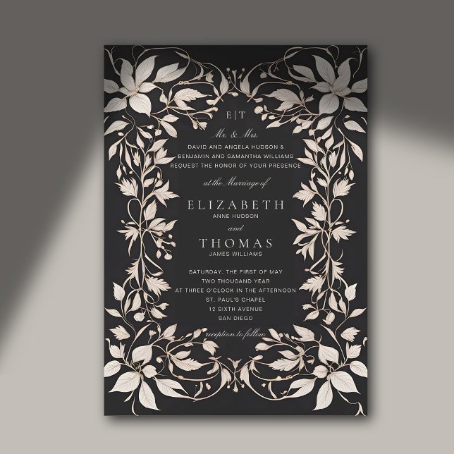 Invitation Moody Forest Botanical Monograms Classic Mariage (moody forest wedding invitation dark romance black white elegant classic formal botanical frame)