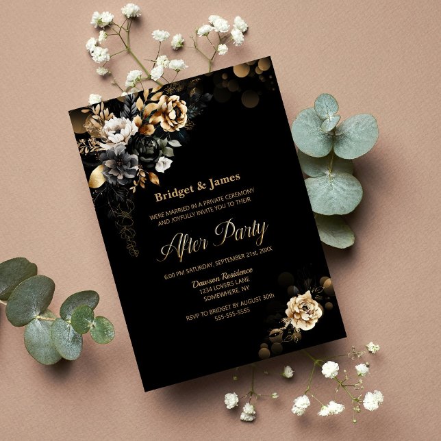Invitation Moody Gold Floral Mariage noir après la fête (Créateur téléchargé)