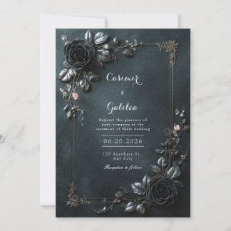 Invitation Moody Gothic Black Rose Floral Frame Wedding