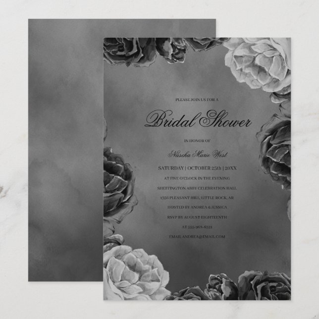 Invitation Moody gothique Fête des mariées florale gris monoc (Devant / Derrière)