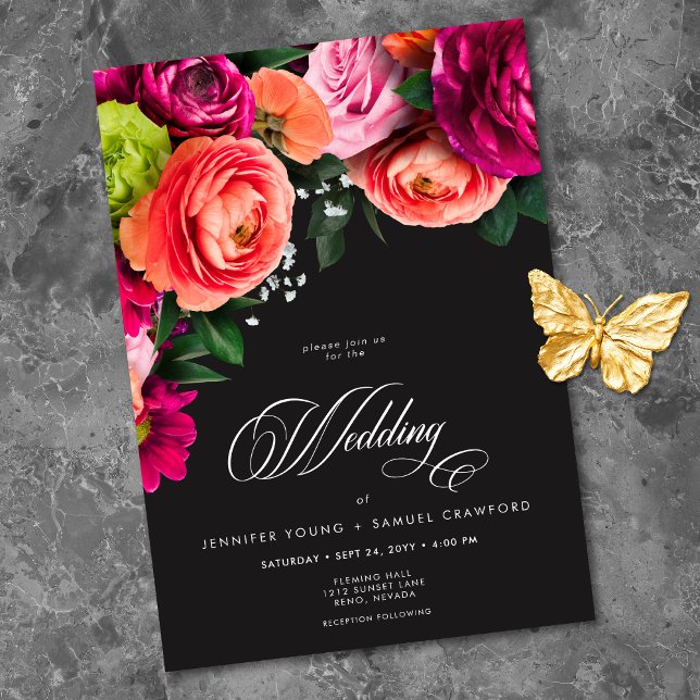 Invitation Moody Luxe Floral Vibrant Pink Black Wedding (Moody Luxe Floral Vibrant Pink Black Wedding Invitation)