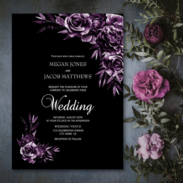 Invitation Moody Mariage floral noir et violet (Créateur téléchargé)
