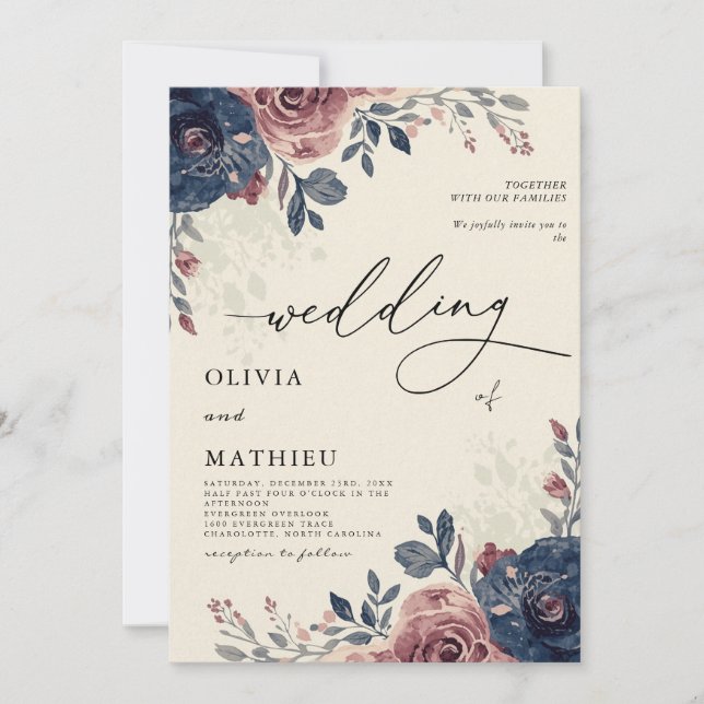 Invitation Moody Navy Dusty Rose Floral Mariage (Devant)