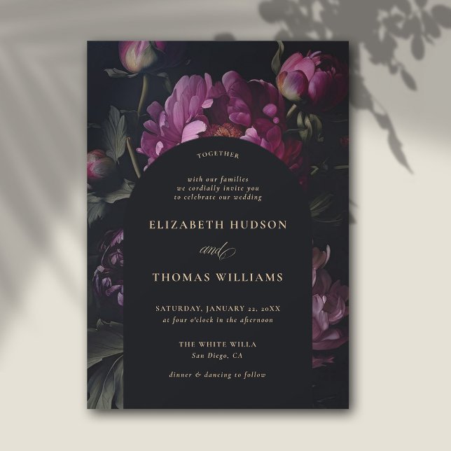 Invitation Moody Pink Peony Vintage Boho Élégant mariage (moody floral wedding invitation modern vintage pink peony dark elegant classic formal boho arch)