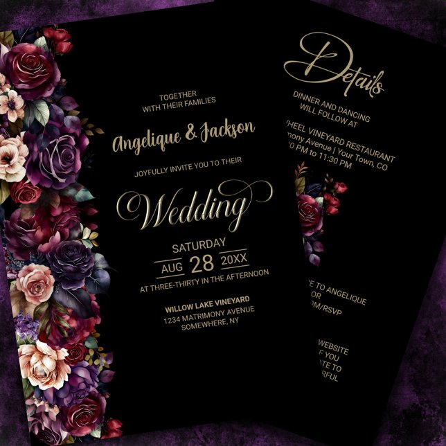 Invitation Moody Purple Bourgogne Tout En Un Mariage Floral (Créateur téléchargé)