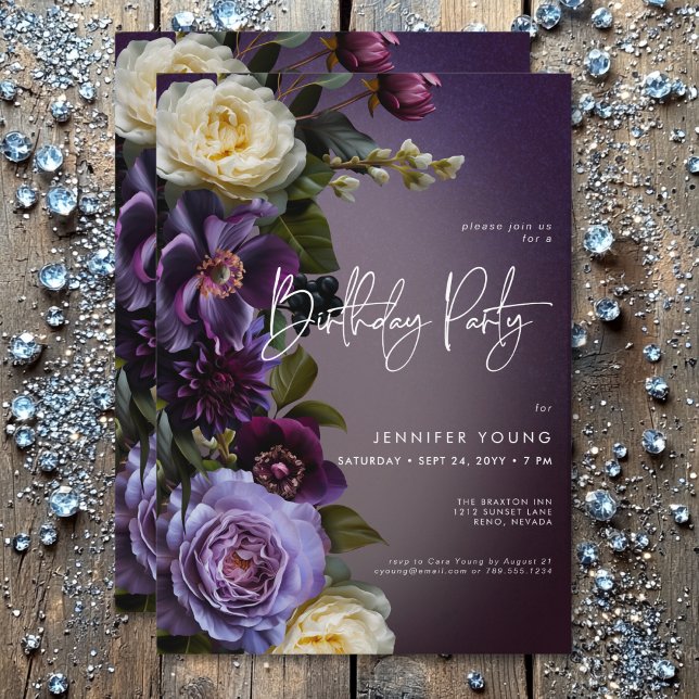 Invitation Moody Purple & Lavender Floral Moderne Anniversair (Moody Purple & Lavender Floral Modern Birthday Invitation)