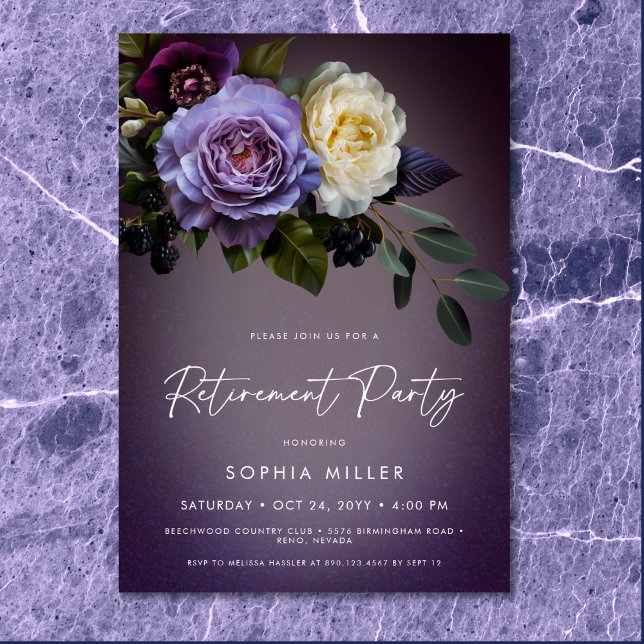 Invitation Moody Purple & Lavender Floral Retraite Party (Moody Purple & Lavender Floral Retirement Party Invitation)