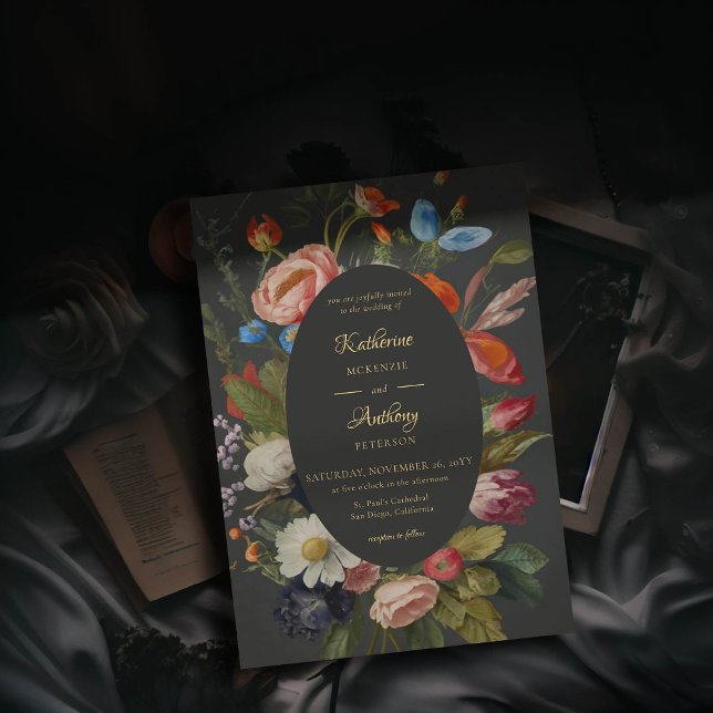 Invitation Moody Romantique gothique Rouges Floral Dark Maria (moody romantic wedding invitation red blue floral frame painting dutch masters elegant gothic dark)