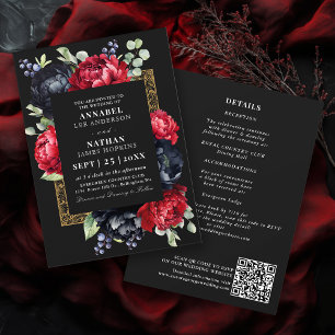 Invitation Moody Rouge et noir Elegant Floral Mariage QR Code