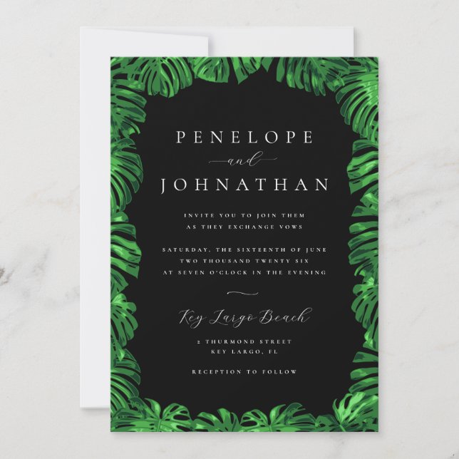 Invitation Moody Tropical Green Monstera Island Mariage (Devant)