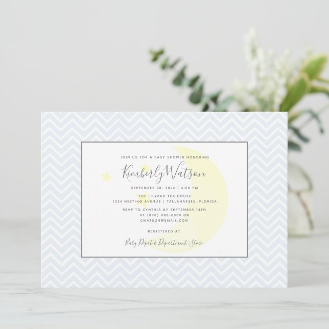 Invitation Moon et Stars Chevron Baby shower | Bleu (Debout devant)