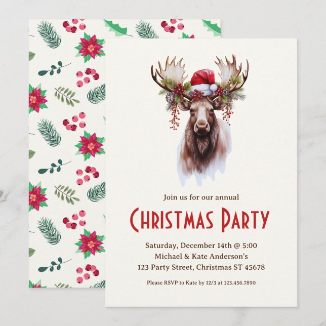 Invitation Moose dans le chapeau de Père Noël Poinsettias fêt (Devant / Derrière)