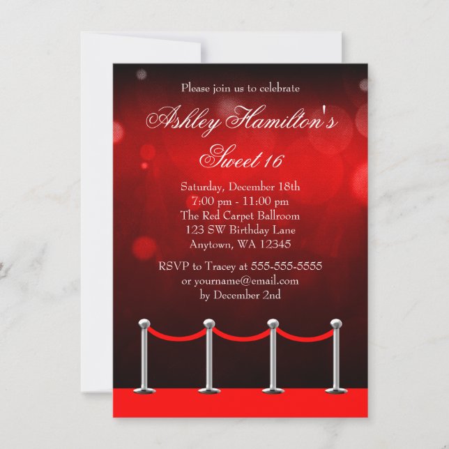 Invitation Moquette d'argent rouge Hollywood Sweet 16 Anniver (Devant)