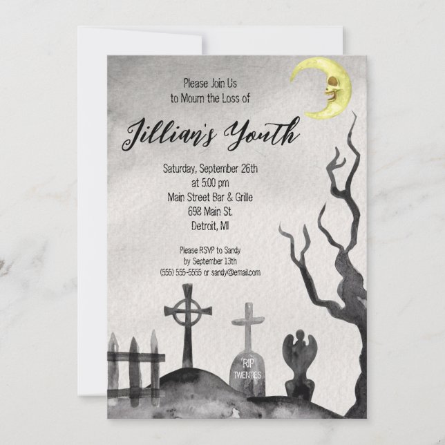 Invitation Mort à ma jeunesse, Années 20, fête d'anniversaire (Devant)