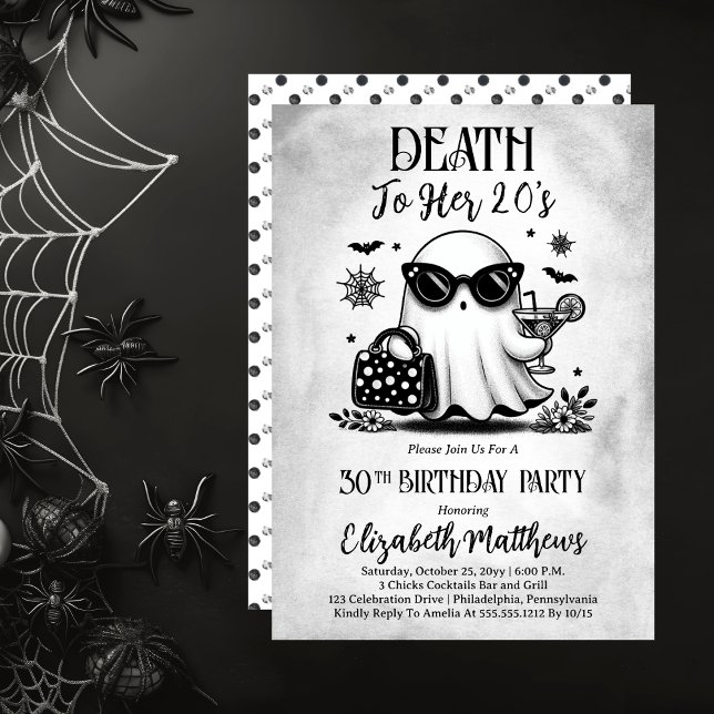 Invitation Mort à son cocktail fantôme de 20 ans Fête d'anniv (Death to Her 20's Ghost Cocktail Birthday Party Invitation )