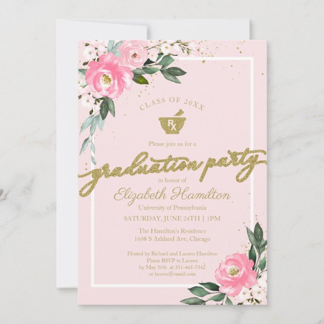 Invitation Mortar Pestle Pharmacy Grad Party Hot rose Floral (Devant)