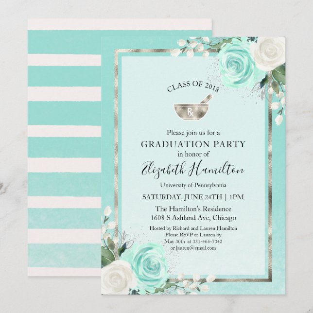 Invitation Mortar Pestle Rx Pharmacy School Grad Party Turquo (Devant / Derrière)