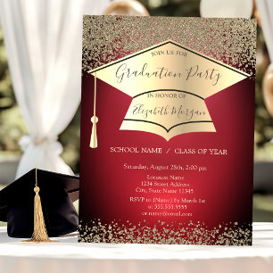 Invitation Mortier universitaire, Diamants dorés Foncé Rouge 