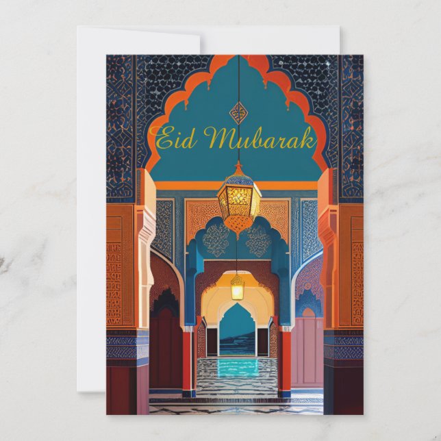 Invitation mosaïque marocaine bleu rouge or mosquée Aïd Mouba (Devant)