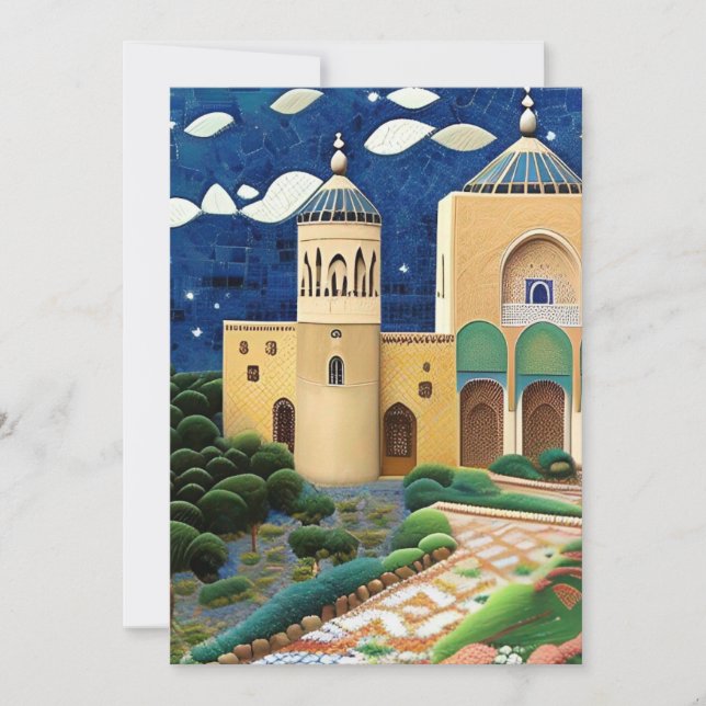 Invitation mosaïque marocaine bleu vert Aïd Moubarak (Devant)