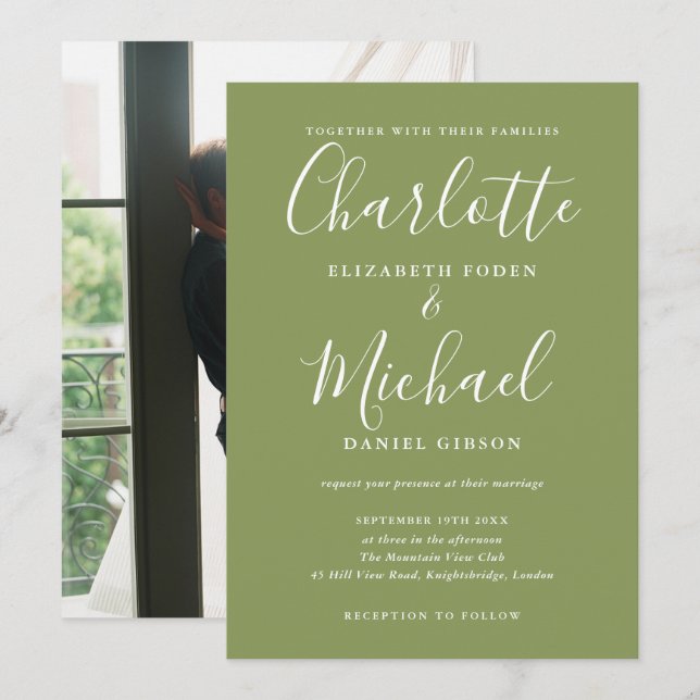 Invitation Moss Green Elegant Modern Script Photo Wedding (Devant / Derrière)