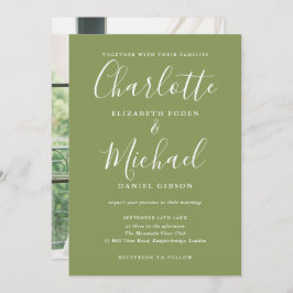 Invitation Moss Green Elegant Modern Script Photo Wedding