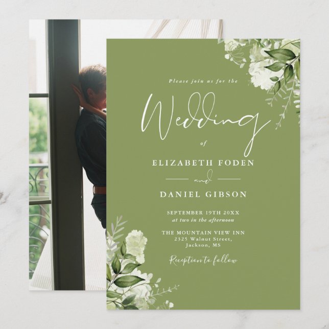 Invitation Moss Green Floral Greenery Élégant Mariage photo (Devant / Derrière)
