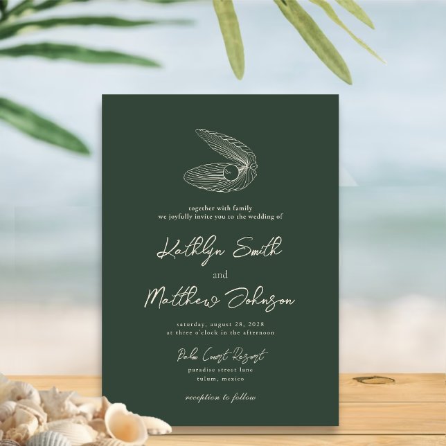 Invitation Moss Green Modern Shell Beach Destination Mariage (Créateur téléchargé)