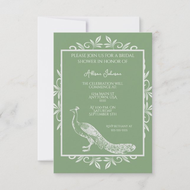 Invitation Moss Green Peacock Fête des mariées florissante (Devant)