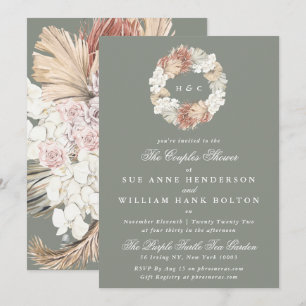 Invitation Moss Pampas Sage Monogramme Wreath Couples Douche