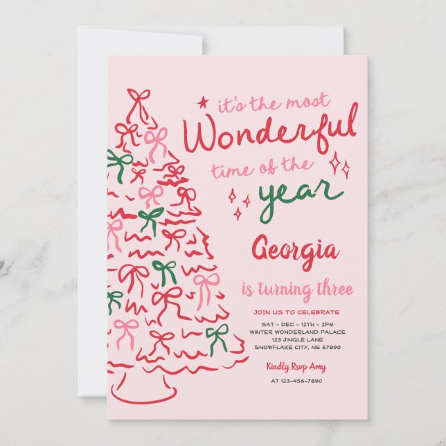 Invitation Most Wonderful Coquette Bow Christmas Birthday (Devant)