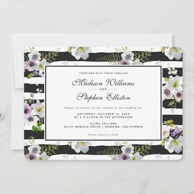 Invitation Motif à rayures florales peintes - Mariage (Devant)