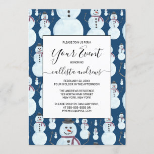 Invitation Motif aquarelle d'un bonhomme de neige bleu mignon