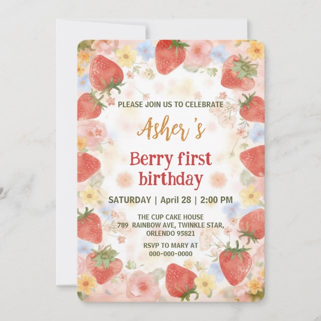 Invitation Motif arc-en-ciel de fraises mignonnes 1er anniver (Devant)
