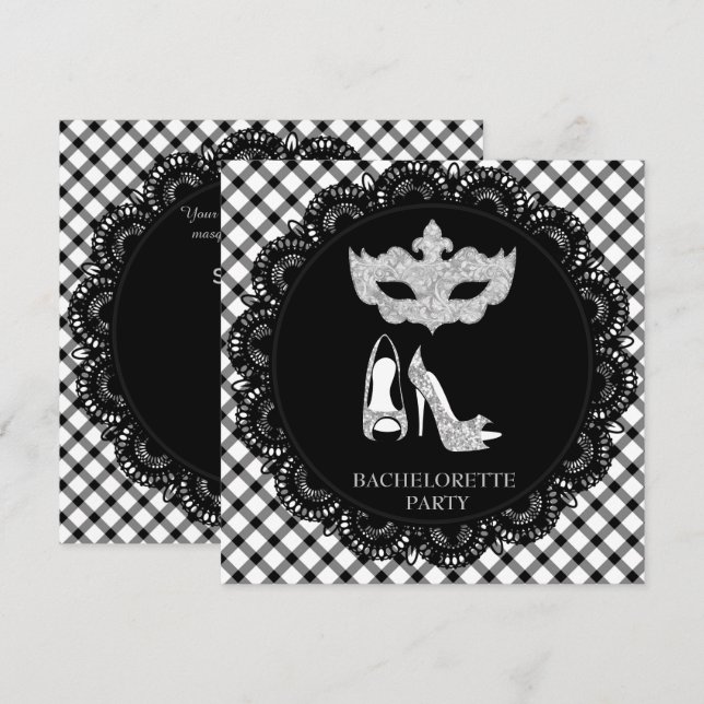 INVITATION MOTIF BLANC NOIR BACHELORETTE MASQUERADE PARTY (Devant / Derrière)