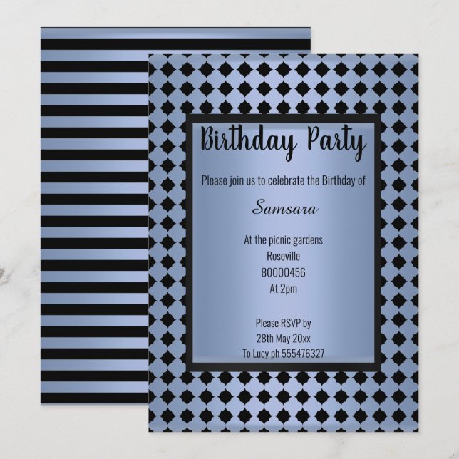 INVITATION MOTIF BLEU NOIR HEXAGON STRIPE TOUTE OCCASION (Devant / Derrière)