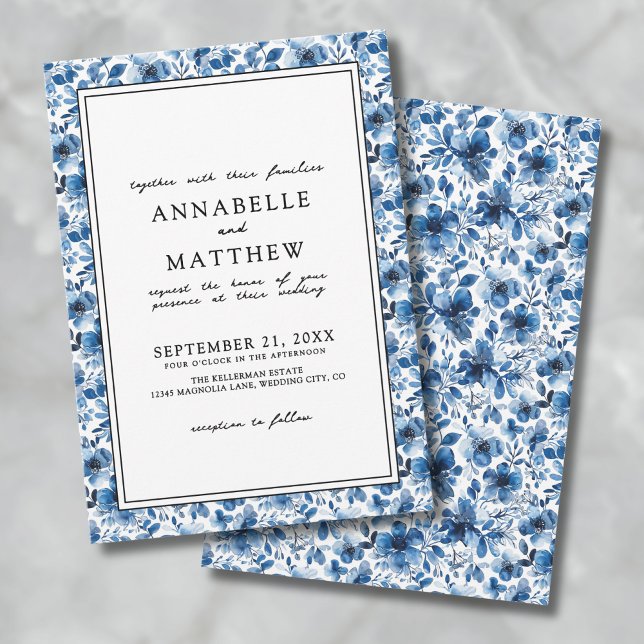 Invitation Motif Botanique Bleu Élégant Mariage Floral (Blue Botanical Pattern Elegant Floral Wedding Invitation)