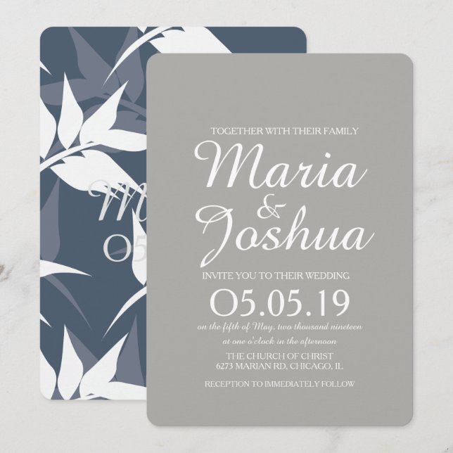 Invitation Motif Botanique de Feuille Bleu Marine Mariage (Devant / Derrière)