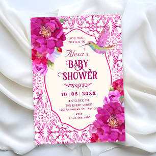 Invitation motif carreau artistique floral baby shower rose