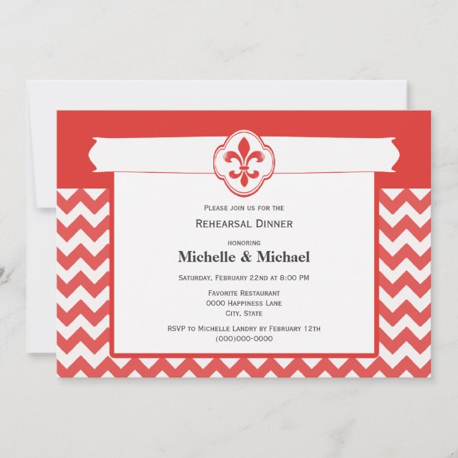 Invitation Motif Chevron Fleur de Lis Evénement Rouge et Blan (Devant)