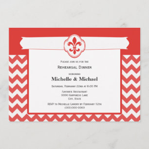 Invitation Motif Chevron Fleur de Lis Événement Rouge et Blan