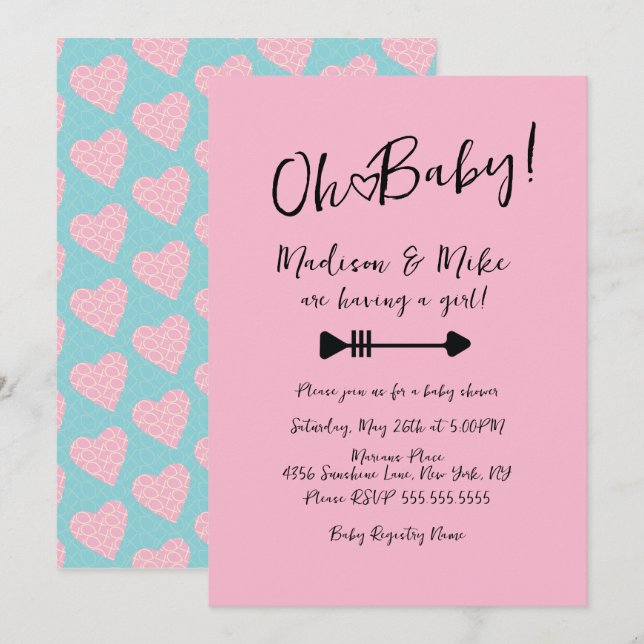 Invitation Motif Coeur Valentines Jour Baby shower rose (Devant / Derrière)