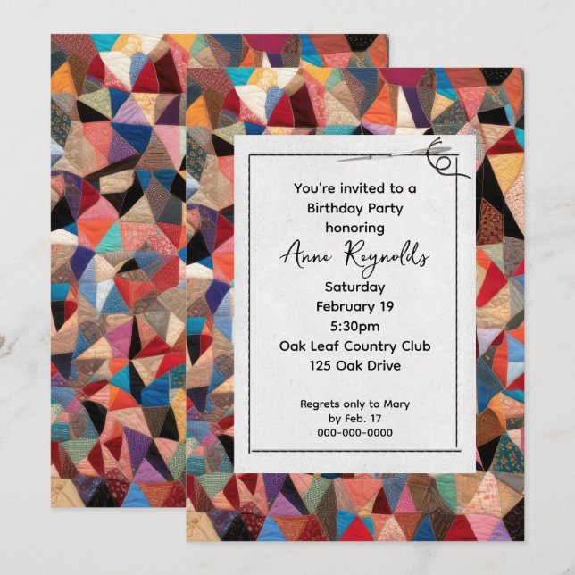 Invitation Motif Crazy Quilt Avec Fête De L'Aiguille (Devant / Derrière)