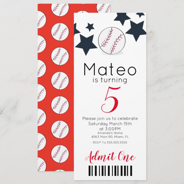 Invitation Motif de baseball moderne Ticket Style Party (Devant / Derrière)