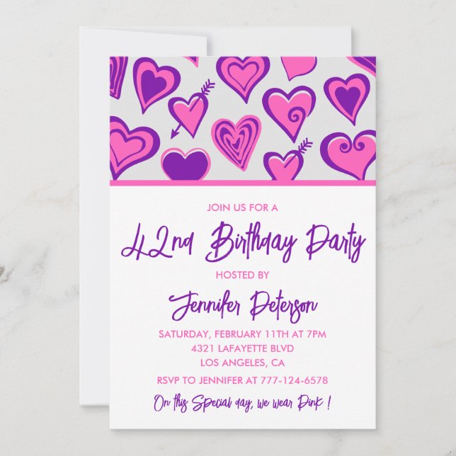 Invitation Motif de coeur rose Glam 42e anniversaire invitati (Devant)