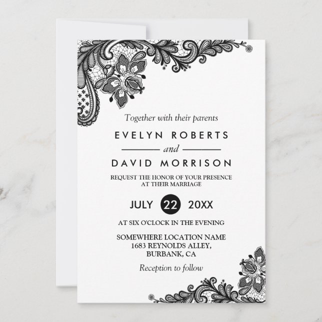 Invitation Motif de dentelle noir classique Mariage formel (Devant)