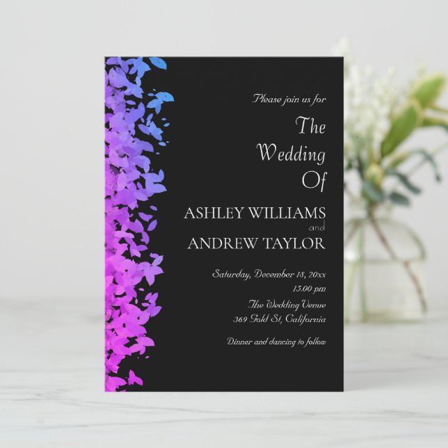 Invitation Motif de feuilles violettes Élégant Mariage noir (Debout devant)